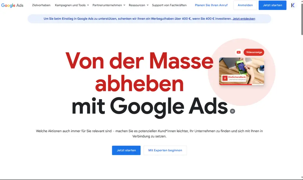 Das Google Ads Registrierungangebot mit 400€