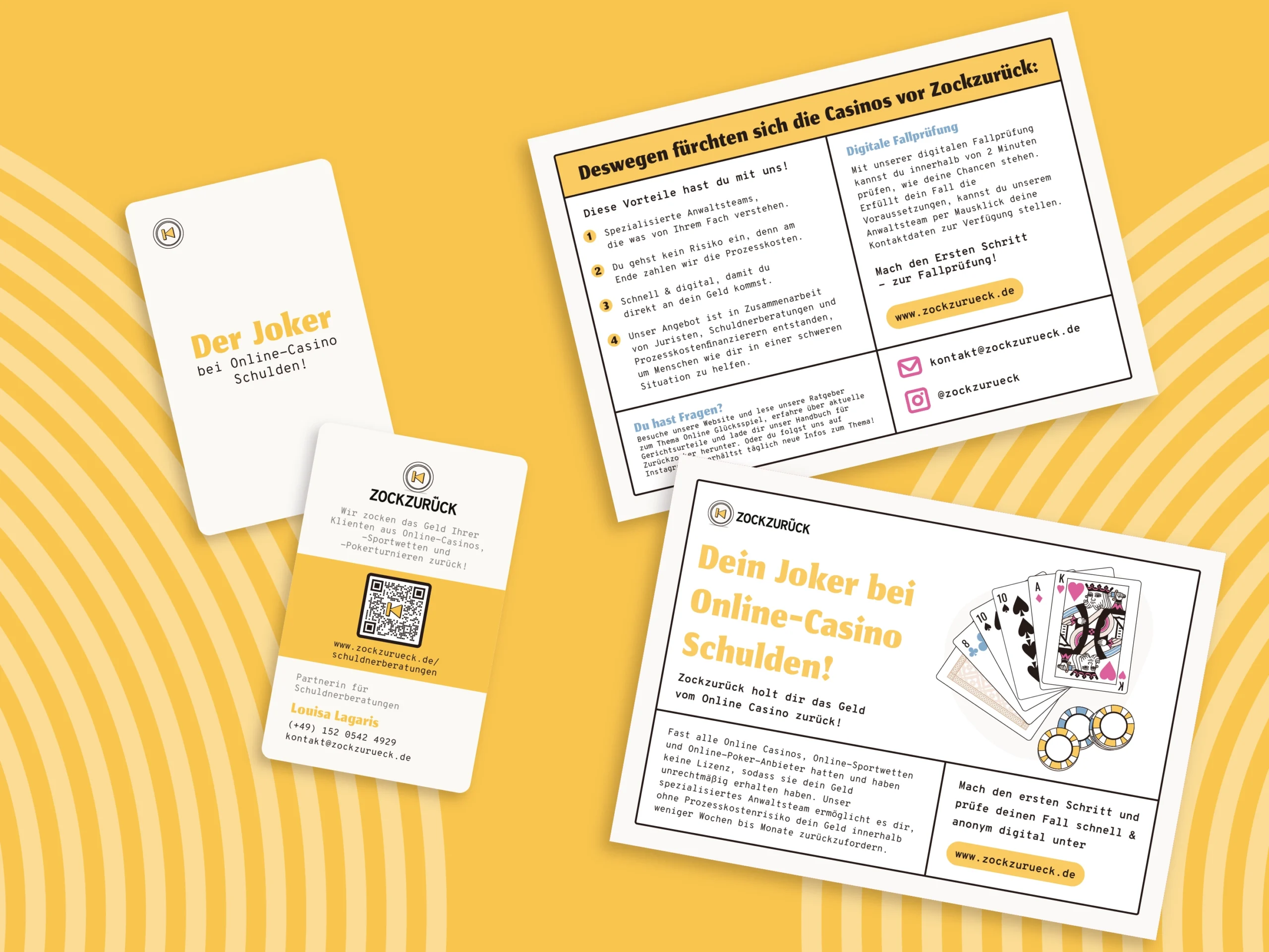 Print marketing materials, created by Komsulting Marketing Advice on branding from the lawyer service Zockzurück from Berlin