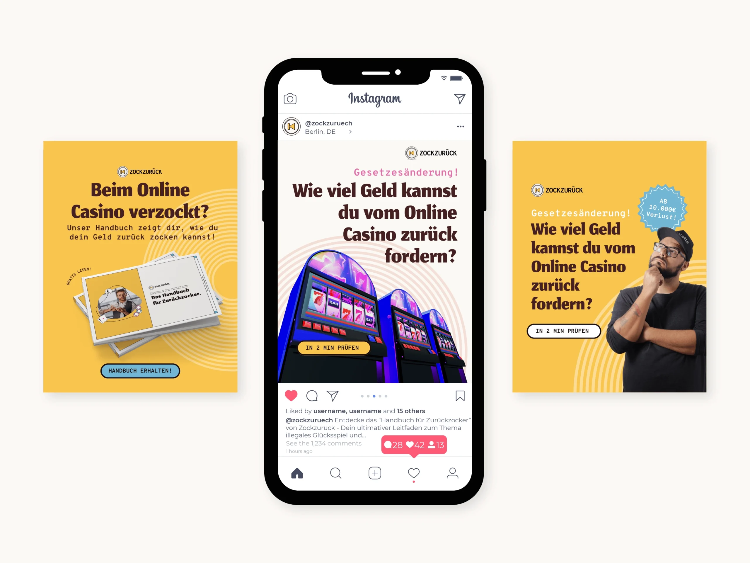 Instagram and Facebook ads, created by Komsulting Marketing Consulting in branding from the lawyer service Zockzurück from Berlin